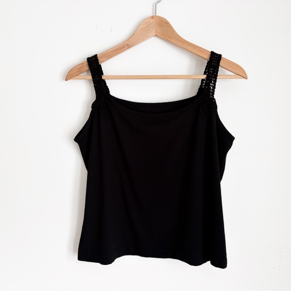 Vintage Y2K Dzianel European Black Tank Top with Crochet Straps - XL